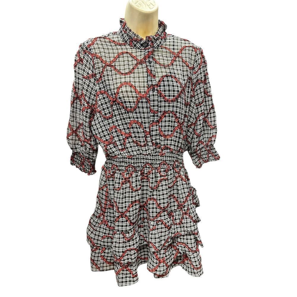 The Shirt by Rochelle Behrens Ruffled Tier Mini Dress in Black/Red NWT Large